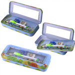 Пенал с наполнением, металлический 2 отделения Alingar, линейка 15 см, 1 ч/г каран, 1 точил, 1 ласт, 1 флом, 75 х 210 мм, "Hello friend", ассорти