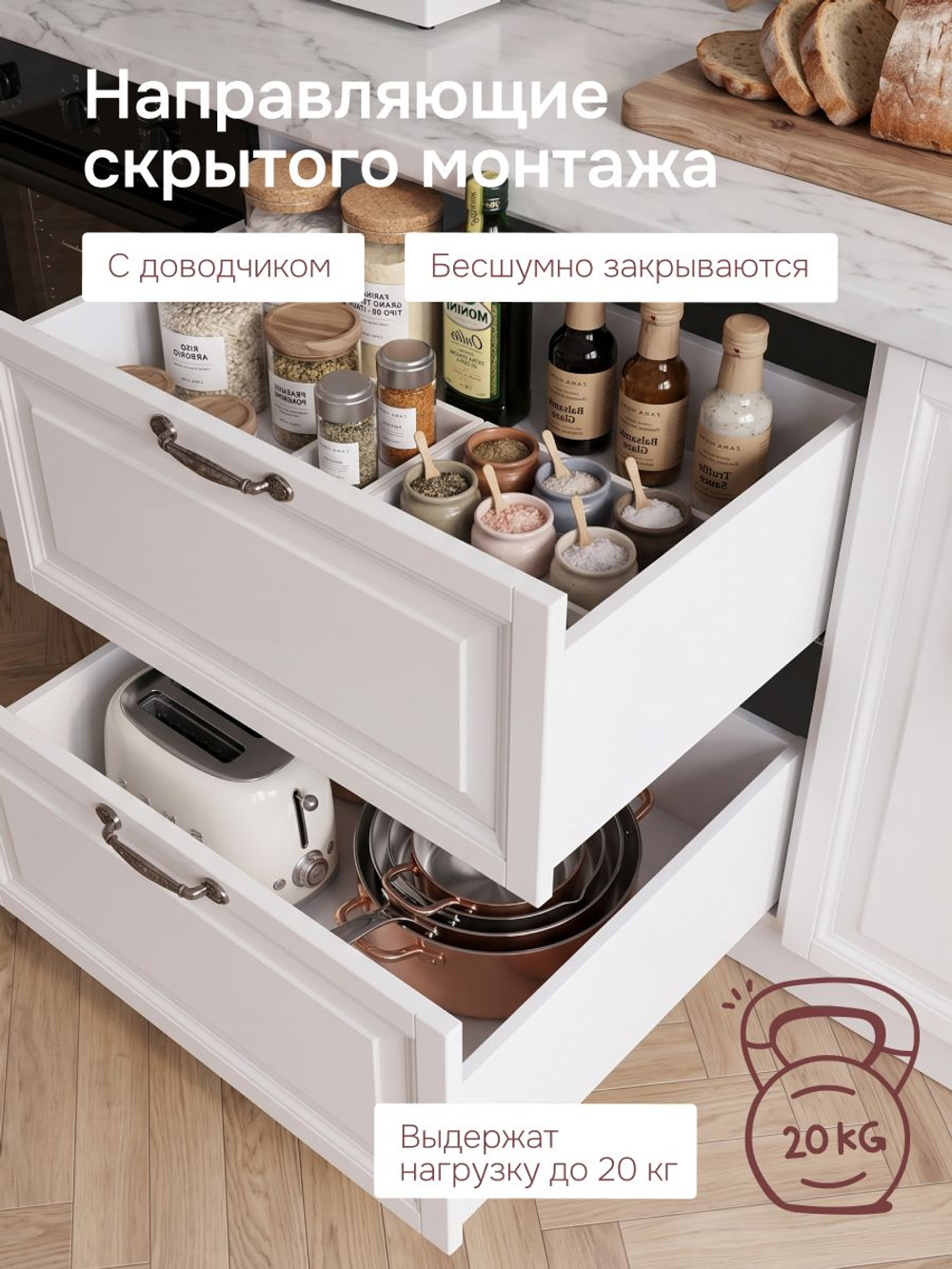 Кухонный модуль напольный, 60х51х84, Вестфалия-2, с ящиками, фасад массив березы, белый, Dipriz