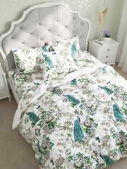 Постельное белье Сказка "Павлины." евро Наволочка 50х70 см 2 шт Простынь на резинке 180х200 см Пододеяльник 200х215 см, поплин