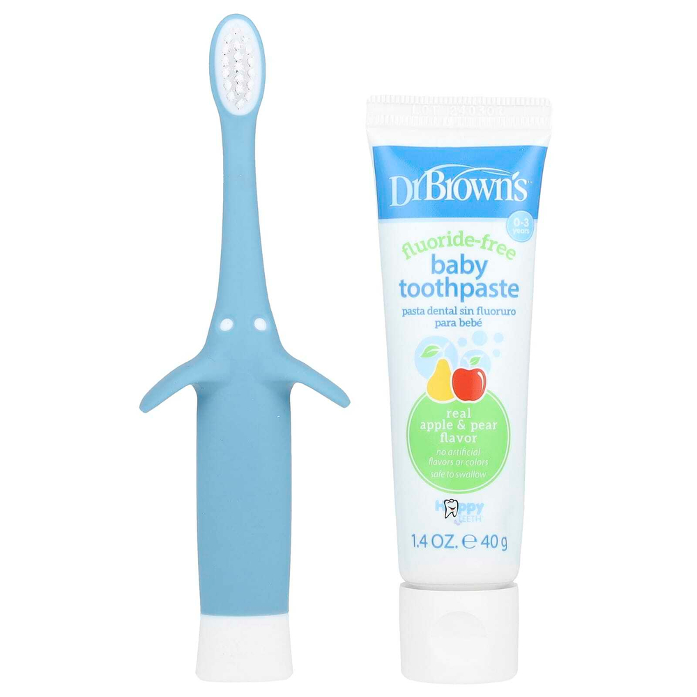 Dr. Brown's, Набор зубных щеток для малышей, 0–3 лет, синий, яблочная груша, набор из 2 предметов