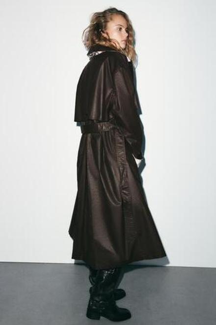 ZARA ДЛИННЫЙ ВОЩЕНЫЙ ТРЕНЧ В КЛЕТКУ, ТЕМНО-КОРИЧНЕВЫЙ