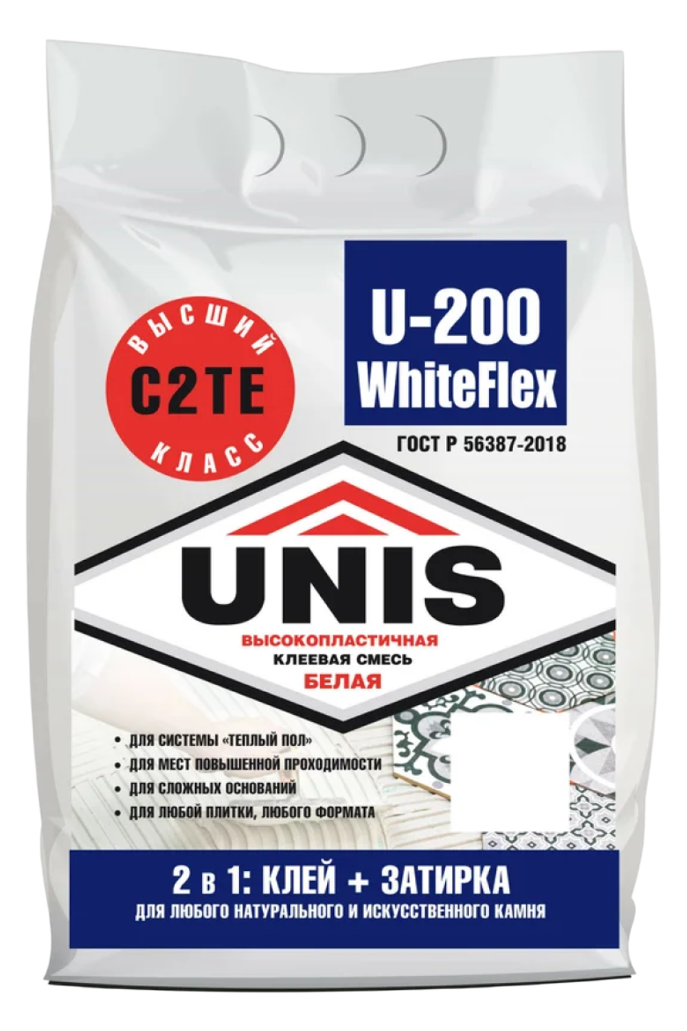 Клей UNIS U-200 WHITEFLEX С2ТЕ для керамогранита крупного формата белый  5 кг