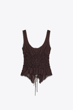 ZARA ТОП СО СБОРКАМИ И ЗАВЯЗКАМИ, ШОКОЛАДНЫЙ