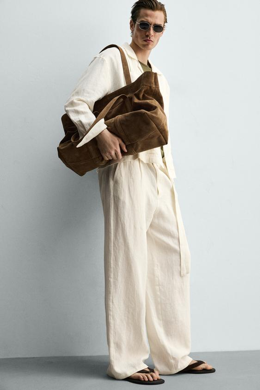 ZARA БРЮКИ СВОБОДНОГО КРОЯ ИЗ 100% ЛЬНА С РЕМНЕМ, ЖЕЛТОВАТО-БЕЛЫЙ