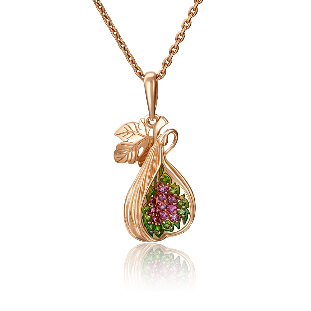 Подвеска «Инжир» из красного золота с гранатами, хромдиопсидами и эмалью