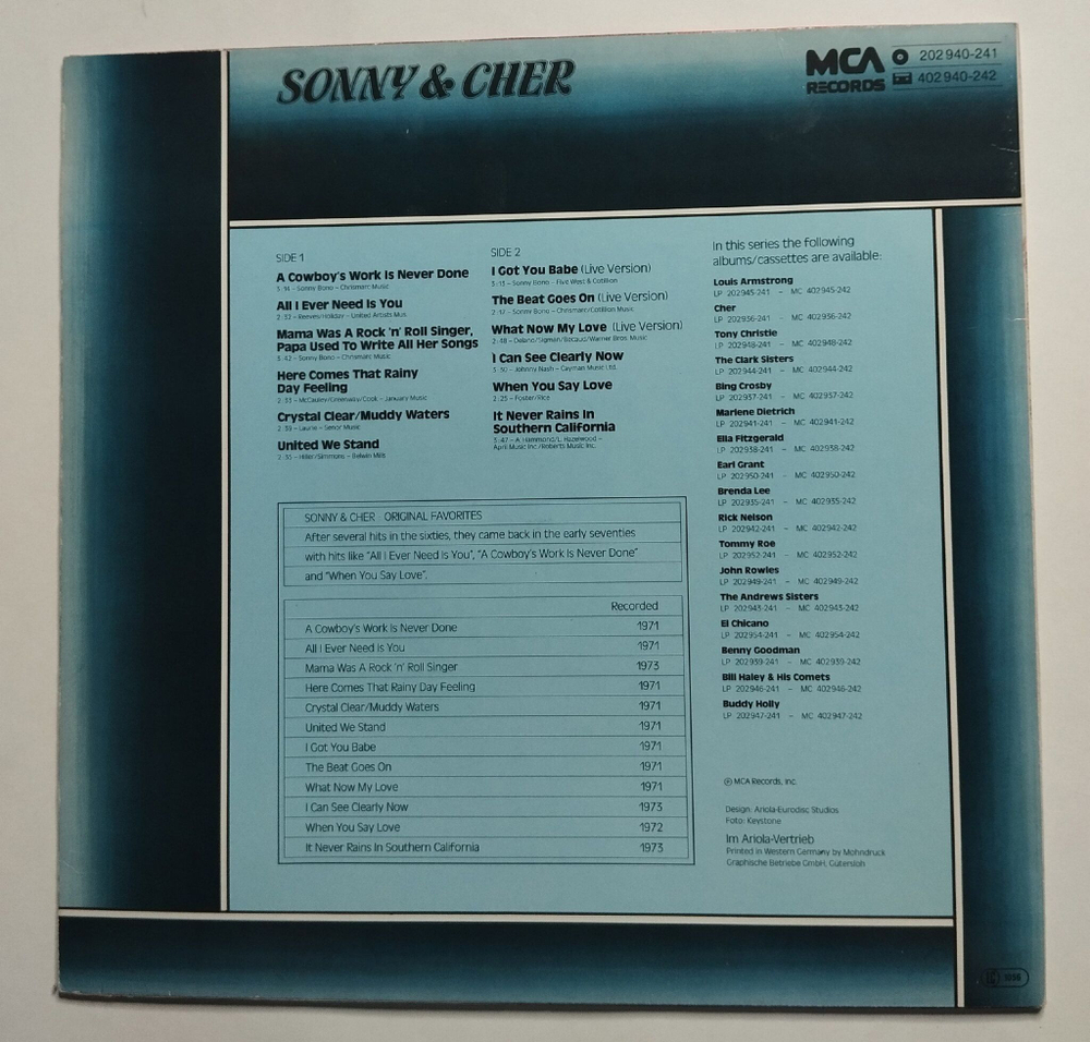 Винтажная виниловая пластинка LP Sonny and Cher Original Favorites (Germany 1980)