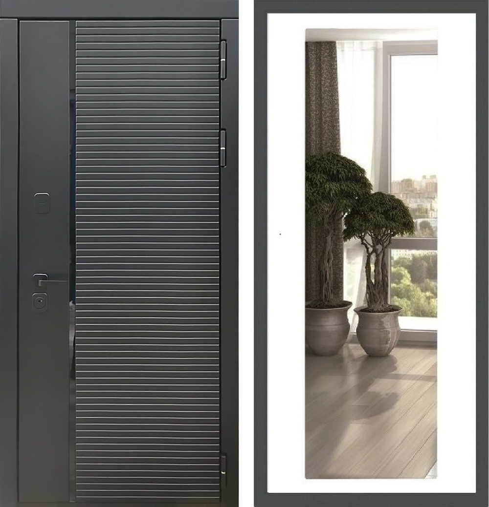 Входная металлическая дверь с зеркалом Рекс 30 Кварц черный / зеркало СБ-17 2XL Силк сноу ( белый матовый, без текстуры)