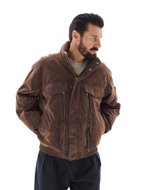 Утепленный коричневый бомбер из вареного денима