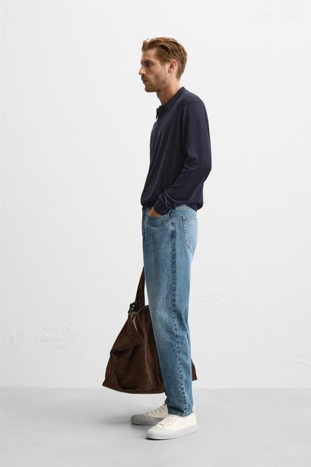 ZARA ПОЛО ИЗ ХЛОПКА И ШЕЛКА, МОРСКОЙ СИНИЙ