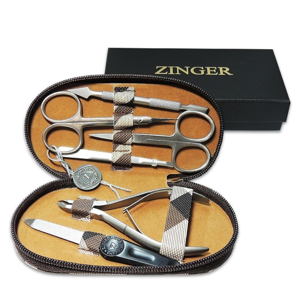 Zinger Маникюрный набор 6 предметов 7103 S серебро, футляр на молнии /бежевая клетка