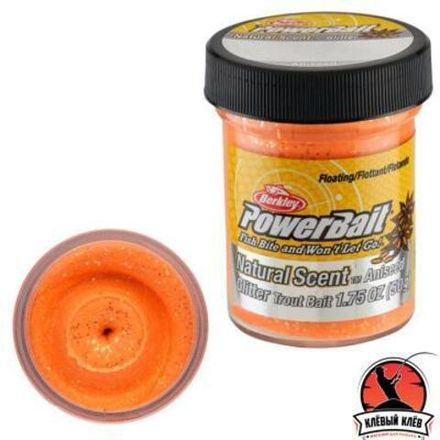 Паста форелевая Berkley Powerbait Natural Scent Glitter Trout Bait (50 г) Garlic Fluo Orange