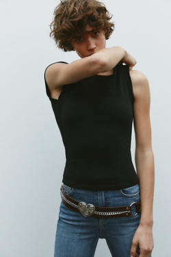 ZARA ФУТБОЛКА С ВЫРЕЗОМ-ЛОДОЧКОЙ, ЧЕРНЫЙ