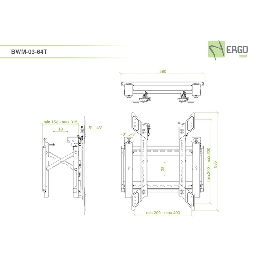 ErgoFount BWM-03-64T Модульное настенное выдвижное крепление для видеостен из дисплеев диагональю 45–70'' (push in – pop out), портретная ориентация, черное