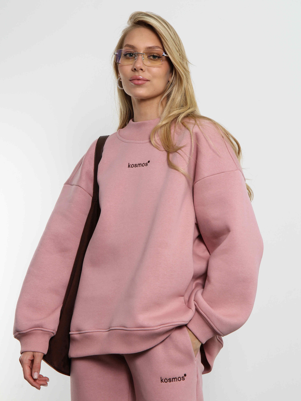 Свитшот женский оверсайз с начесом Розовая пудра