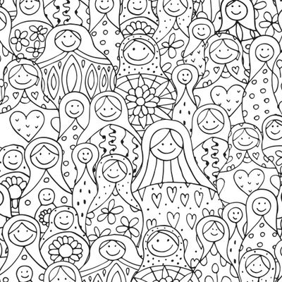 Веселые матрешки на белом фоне. Раскраска