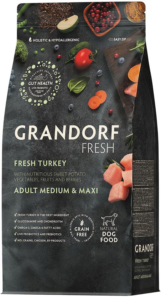 Grandorf Fresh 1кг Holistic Medium&amp;Maxi Turkey&amp;Sweet Potato Сухой корм для собак средних и крупных пород, свежее мясо индейки с бататом