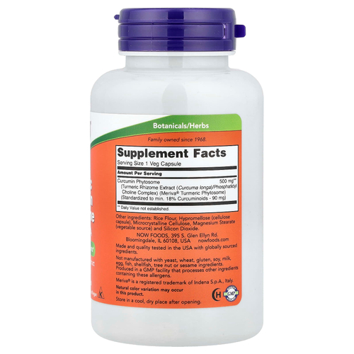 NOW Foods, фитосомы куркумина из куркумы с Meriva®, 60 растительных капсул (500 мг в 1 капсуле)