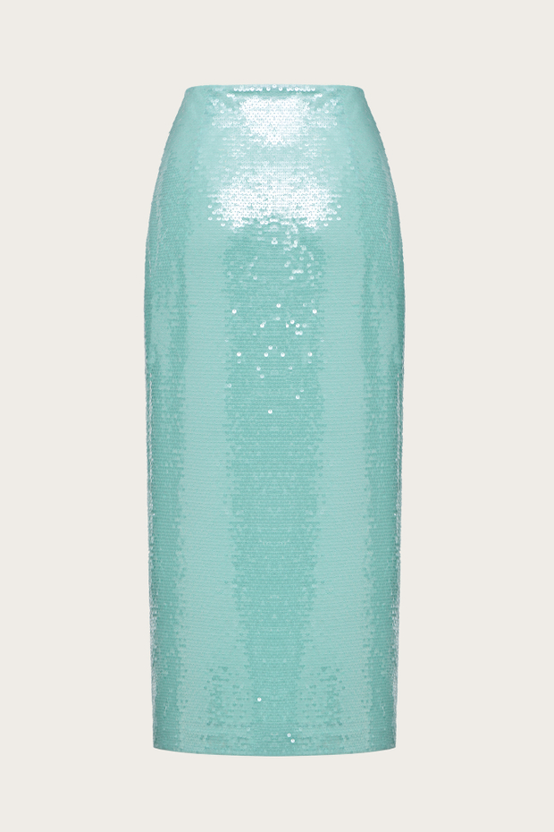 Юбка-миди из бирюзового шифона, расшитая пайетками вручную