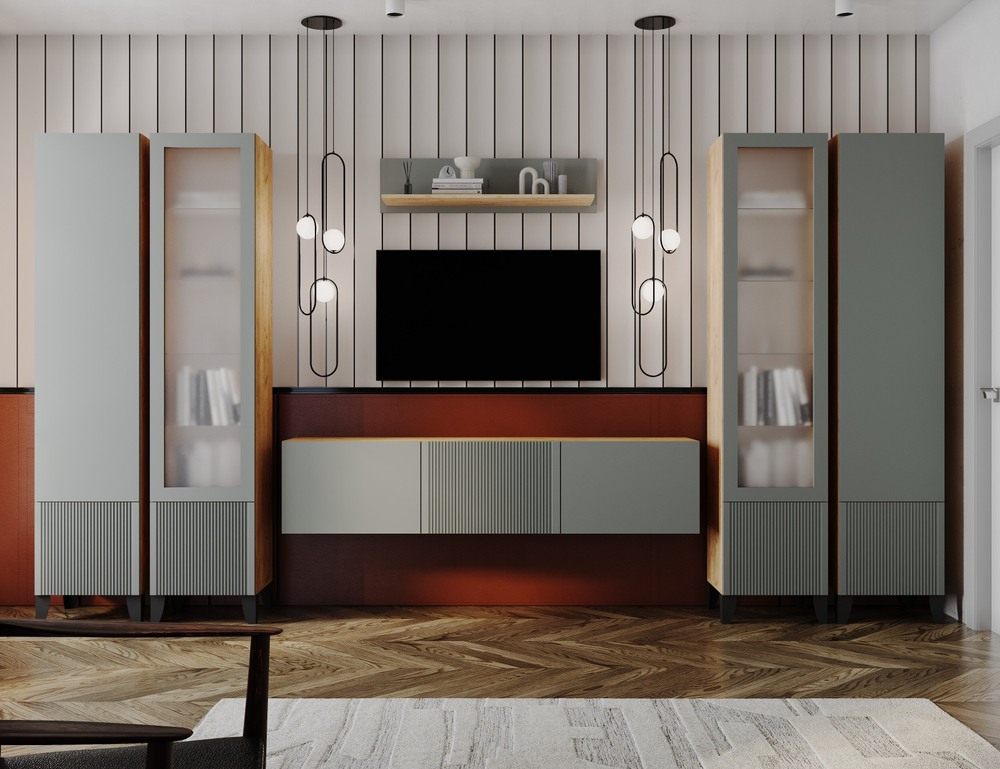 Гостиная Рея Шкаф РГШ дуб крафт золотой/гранит софт матовый