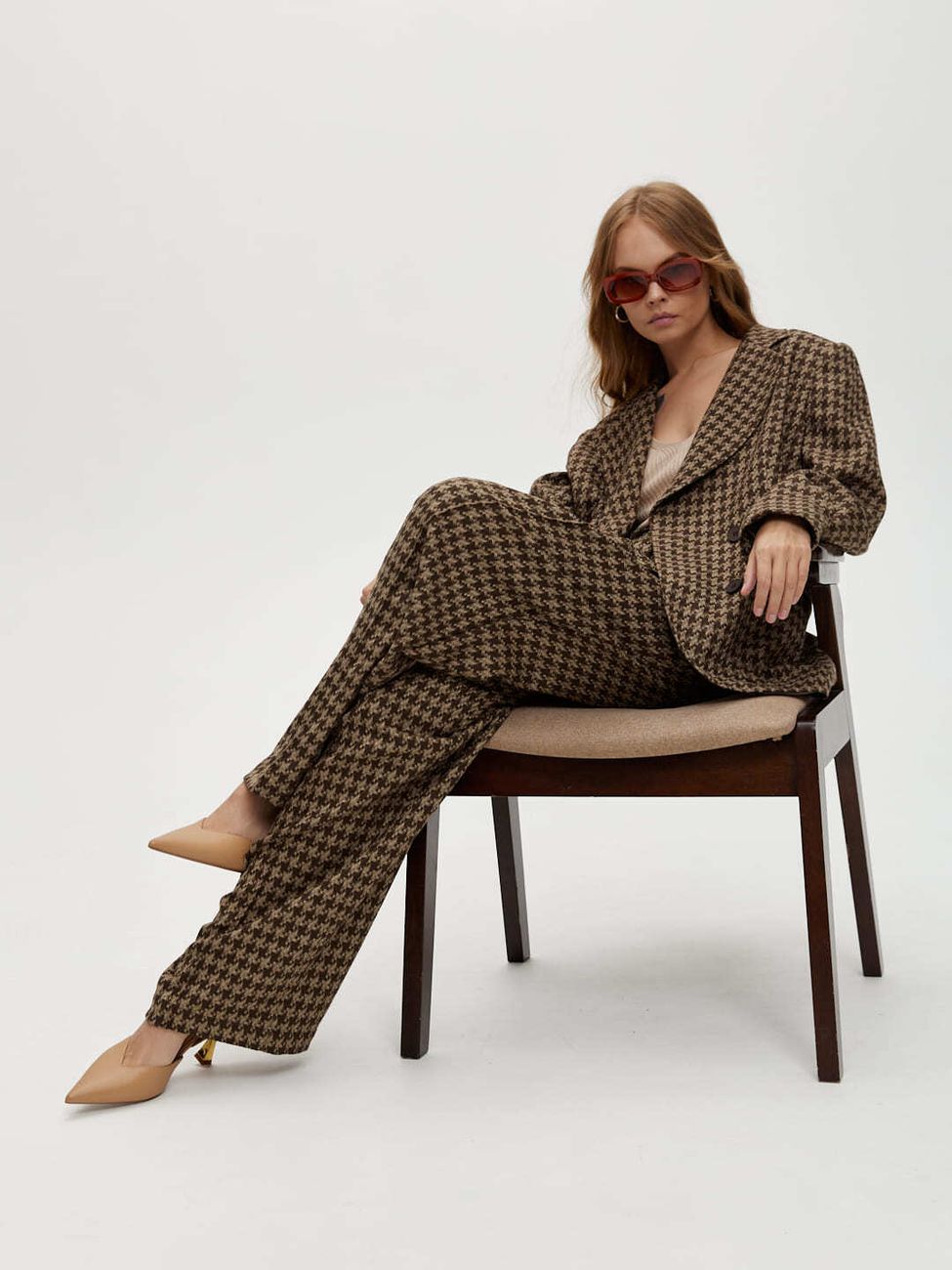 Брюки прямые широкие, гусиная лапка, коричневый