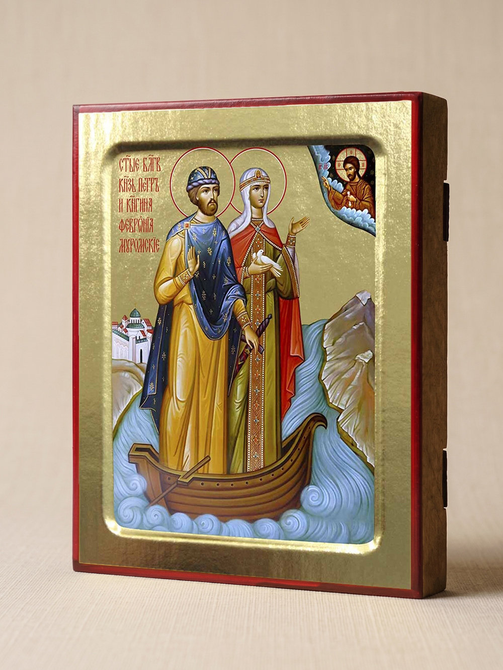 Икона Петра и Февронии Муромских, благоверных (в ладье) на дереве: 125 х 160 (Синопсисъ)