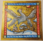 Картина "Птица белая в лучах солнца зимой". Авторская работа оригинал. Золотой акрил на картоне. Серия: фантастические вымышленные животные.