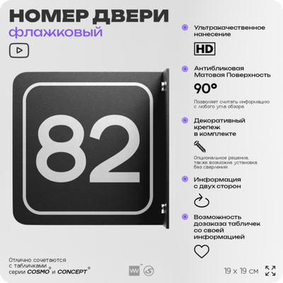 Табличка флажковая с номером 82 на дверь квартиры, для офиса, кабинета, аудитории, склада, черная двустороняя 19х19 см, Айдентика Технолоджи