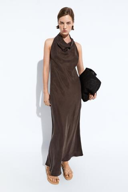 Massimo Dutti Длинное платье с драпированным вырезом, коричневый