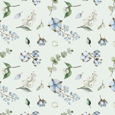 Эвкалипт, хлопок, снежноягодник акварельный паттерн