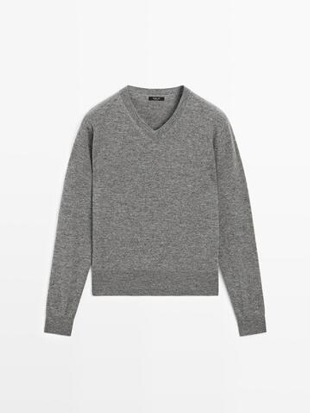 Massimo Dutti Свитер из смесовой шерсти с V-образным вырезом, серый меланж