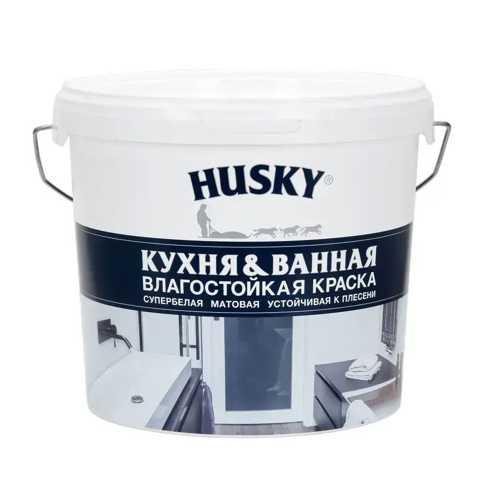 HUSKY, Краска для кухни и ванной белая матовая, устойчивая к плесени, влагостойкая, акриловая, 5 л