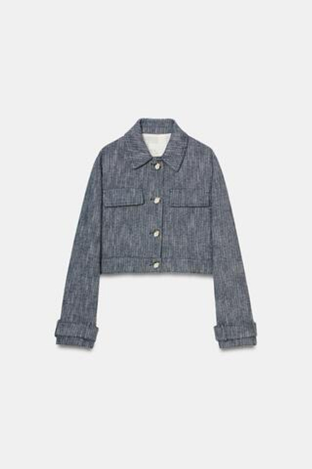 ZARA КОРОТКАЯ КУРТКА ИЗ РЕЛЬЕФНОЙ ТКАНИ, СИНИЙ/БЕЛЫЙ
