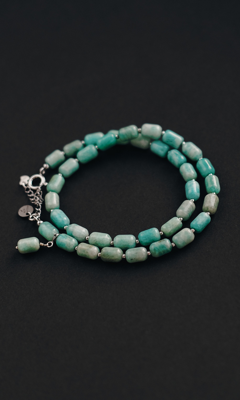 Чокер "Memo about Love" из цилиндрического амазонита с серебряными бусинами 35 см