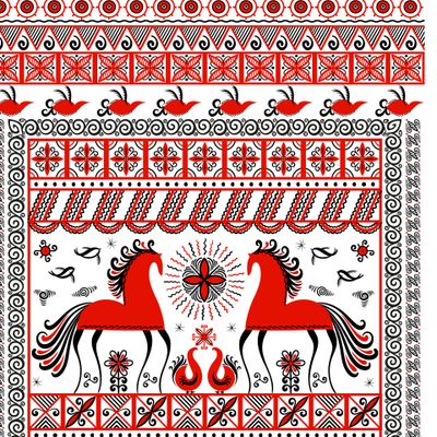 Прямоугольный орнамент с лошадьми, птицами, солнцем. Мезенская роспись. (Дизайн для полотенец, салфеток, скатертей).  Irina Skaska