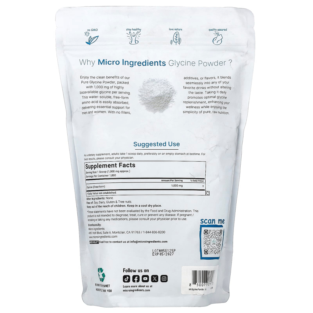 Micro Ingredients, глицин в порошке, 1 кг (2,2 фунта)