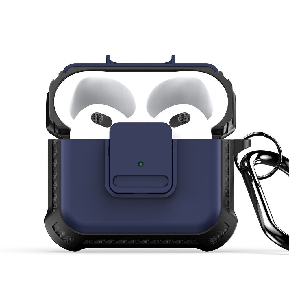 Усиленный чехол с вставками темно-синего цвета от Dux Ducis для наушников AirPods 3, серия PECG Series Case, в комплекте с карабином