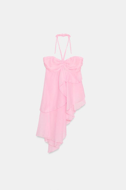 ZARA ТОП С АСИММЕТРИЧНЫМИ ВОЛАНАМИ, ЛИНЯЛЫЙ РОЗОВЫЙ