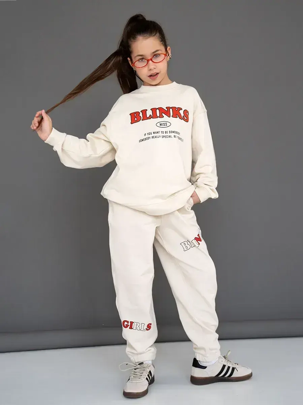 Костюм для девочки, свитшот и брюки, бежевый