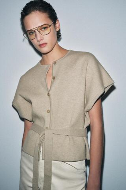ZARA КАРДИГАН С КОРОТКИМИ РУКАВАМИ И ПОЯСОМ, СЕРО-КОРИЧНЕВЫЙ