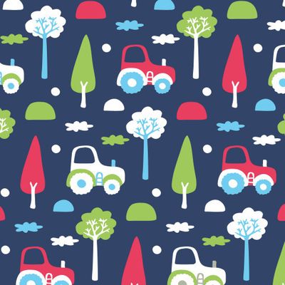 Buy baby fabric hand drawn cars tractor dark blue