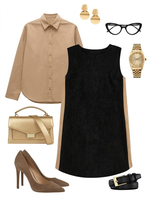 Черное женское платье-сарафан из экозамши с бежевыми боковыми вставками