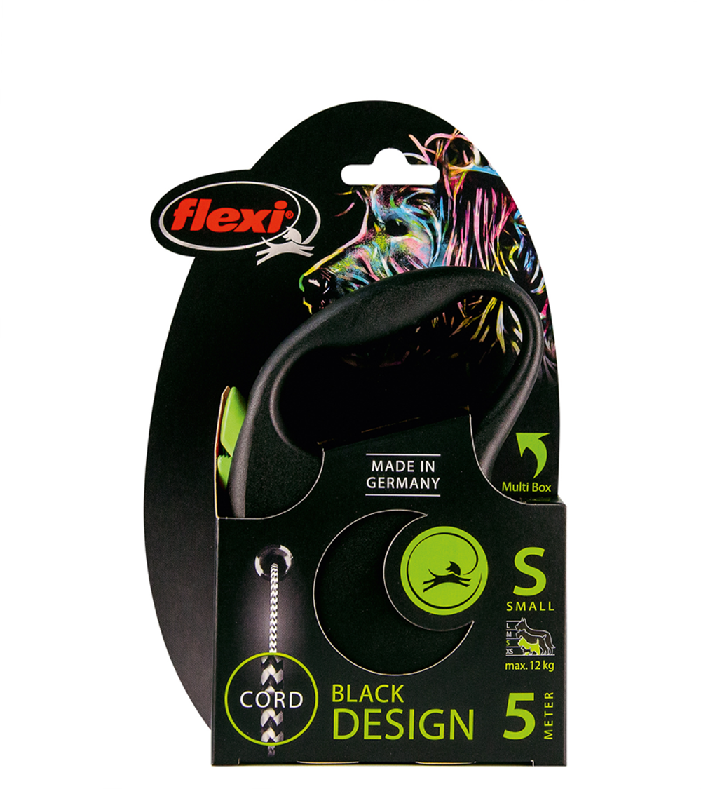 Поводок-рулетка Флекси Black Design S (до 12 кг) 5 м трос черный/зеленый
