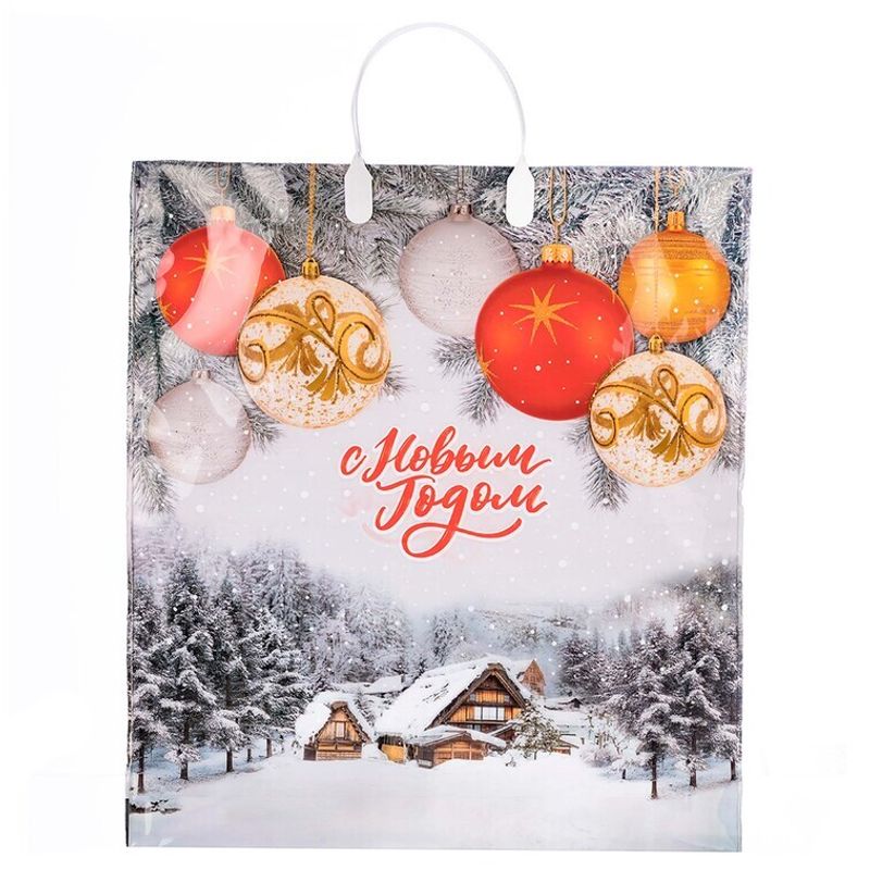 Пакет новогодний пластиковая ручка Россия 40*44 см 100 мкм Белая опушка  1 шт 100  шт/кор