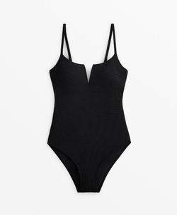 OYSHO Купальник с V-образным вырезом из ткани пике, черный