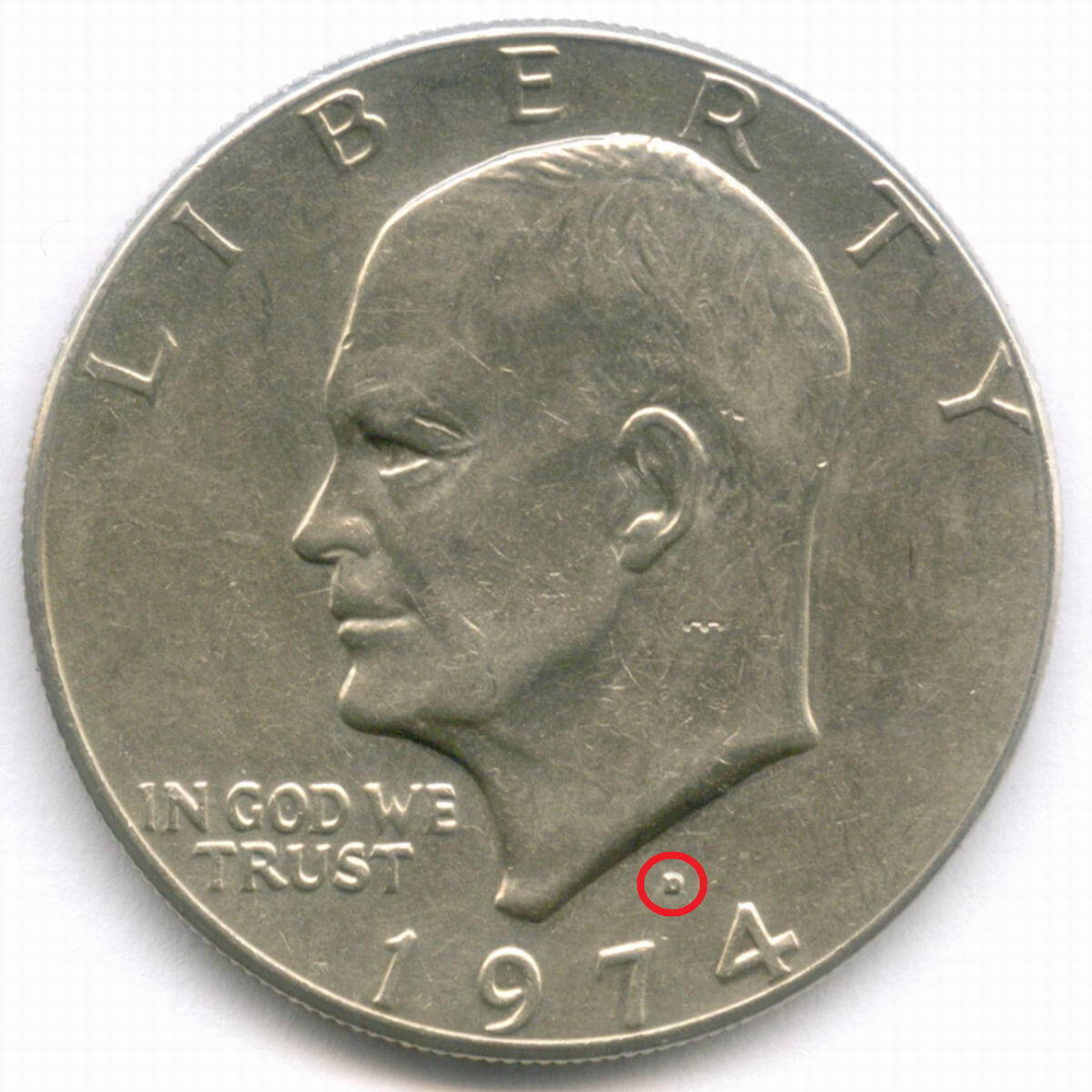 1 доллар 1974 год (D). США. Эйзенхауэр. Медь с медно-никелевым покрытием, диаметр 38.1 мм. XF-AU
