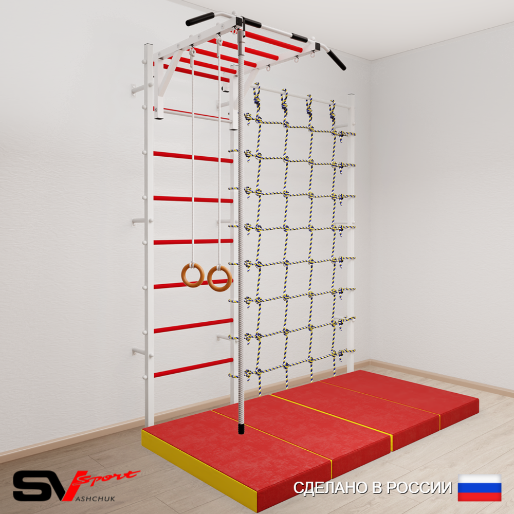 Шведская стенка Sv Sport усиленная 63340 (Турник рукоход/Канат/Кольца/Мат 2м/Канатный лаз)