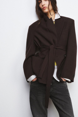 ZARA БЛЕЙЗЕР ИЗ 100% ШЕРСТИ С ПОЯСОМ — ZW COLLECTION LIMITED EDITION, ОТТЕНКИ КОРИЧНЕВОГО