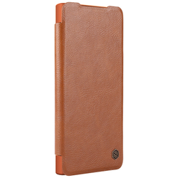 Коричневый кожаный чехол книжка от Nillkin для Samsung Galaxy S22 Ultra, серия Qin Pro Leather с защитной шторкой для камеры