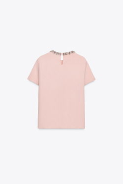 ZARA ТРИКОТАЖНЫЙ ТОП СО СТРАЗАМИ, ПАСТЕЛЬНО-РОЗОВЫЙ