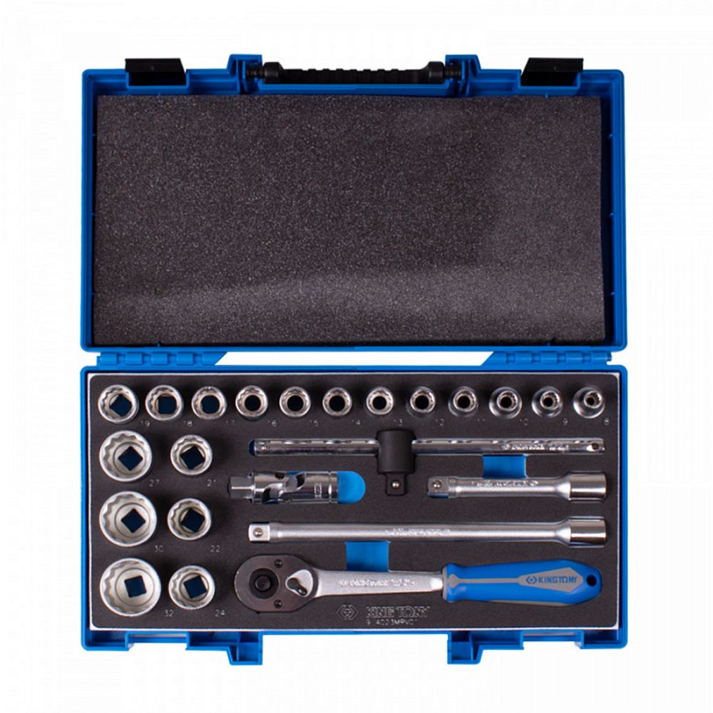 KING TONY (4023MRV01) Набор торцевых головок с принадлежностями 1/2", 12-гранные, 8-32 мм, 23 предмета